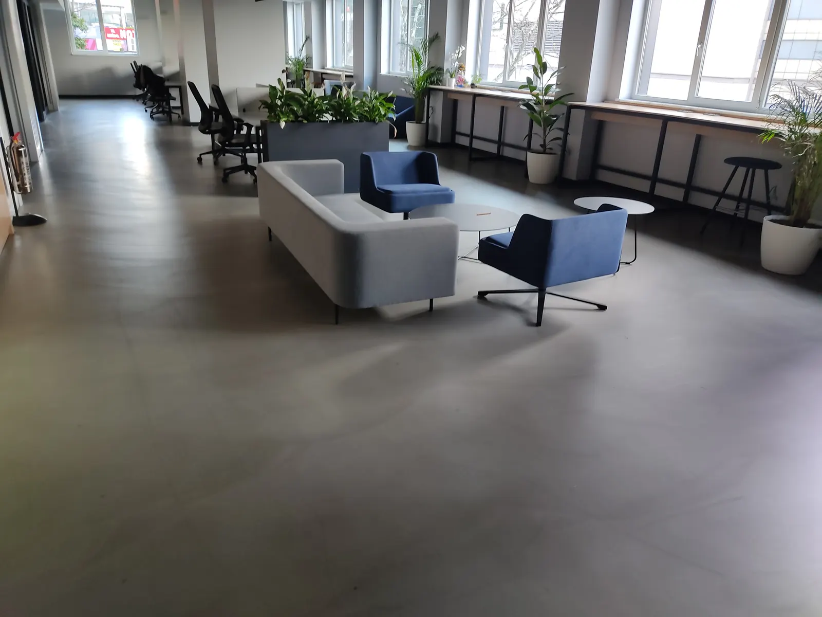 Ofis lounge — gri mikrobeton zemin